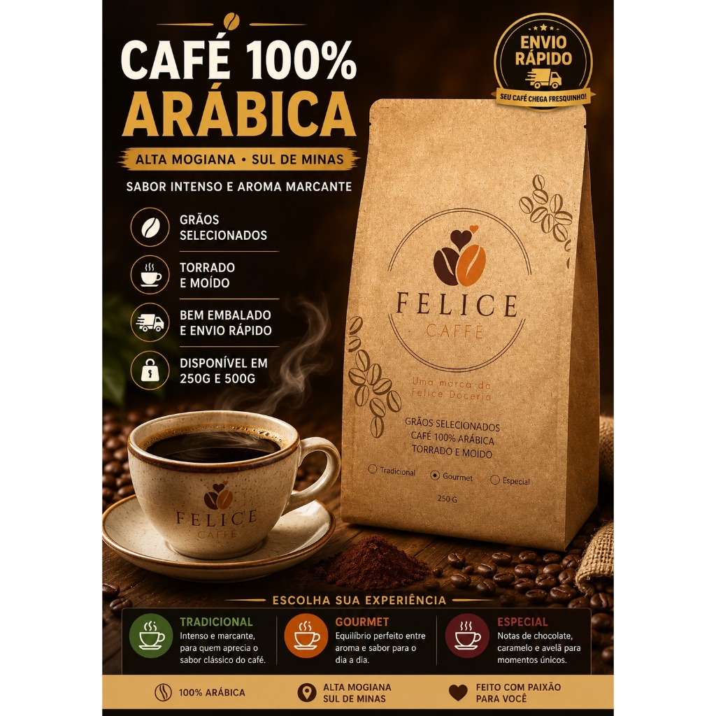 Café 100% Arábica | Gourmet | Torrado e Moído | Alta Mogiana | MG | Felice Caffè | 250g ou 500g