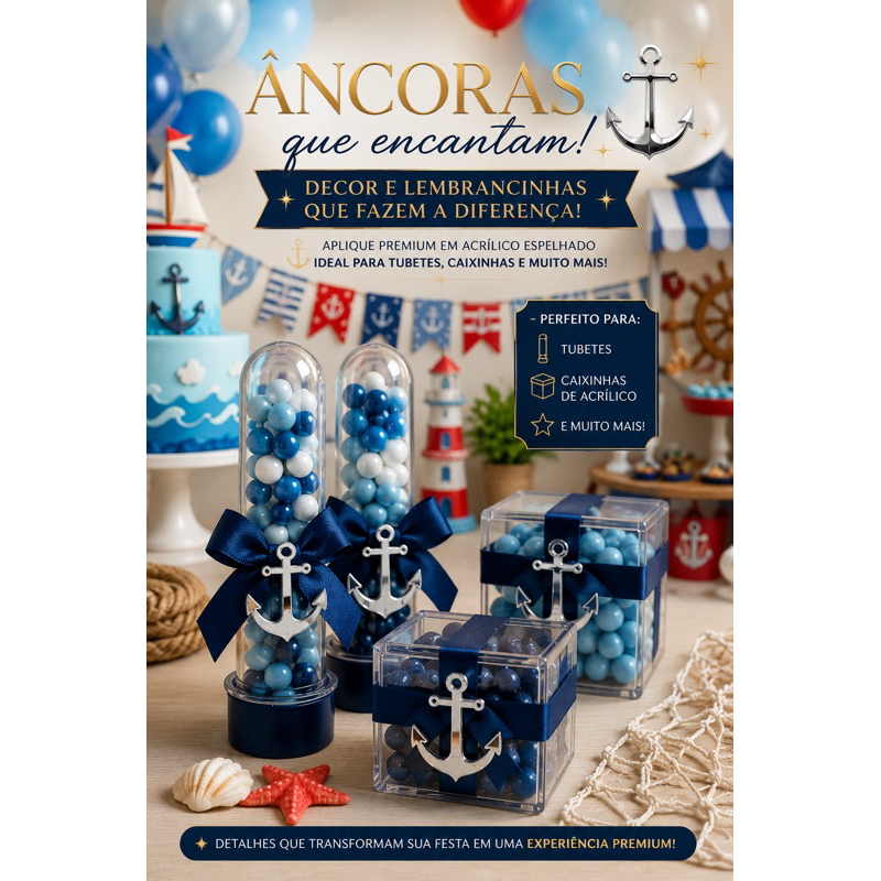 50 apliques de Âncoras Decorativas Prata Lamicote | Festa Marinheiro Náutico Infantil Baby Shark Decoração