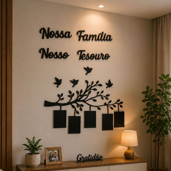 Quadro Decorativo Porta Retrato Painel Arvore Nossa Família Nosso Tesouro MDF Moldura Presente Afetivo