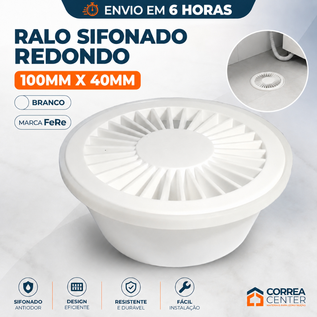 Ralo Sifonado Redondo PVC 100mm 40mm Branco Antiodor Banheiro Lavanderia Cozinha Esgoto Caixa Grelha