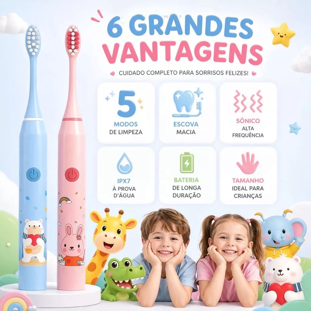 Escova de Dente Elétrica Infantil + 4 Refis Limpeza Suave Cerdas