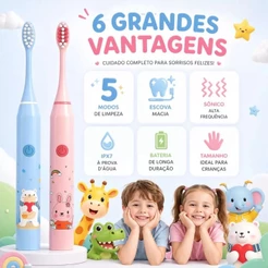 Escova de Dente Elétrica Infantil + 4 Refis Limpeza Suave Cerdas Macias à Prova D'Água Recarregável