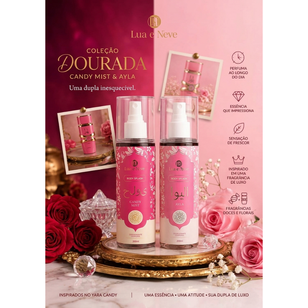 Kit Body Splash Lua e Neve Candy Mist e Ayla | Inspirado Yara 200ml cada Doce Floral Marcante Luxo Árabe, alta fixação