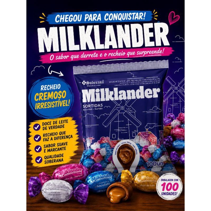 Bala Recheada Milklander Sortidas Soberana 500g 100 Unidades – Recheio Cremoso de Doce de Leite