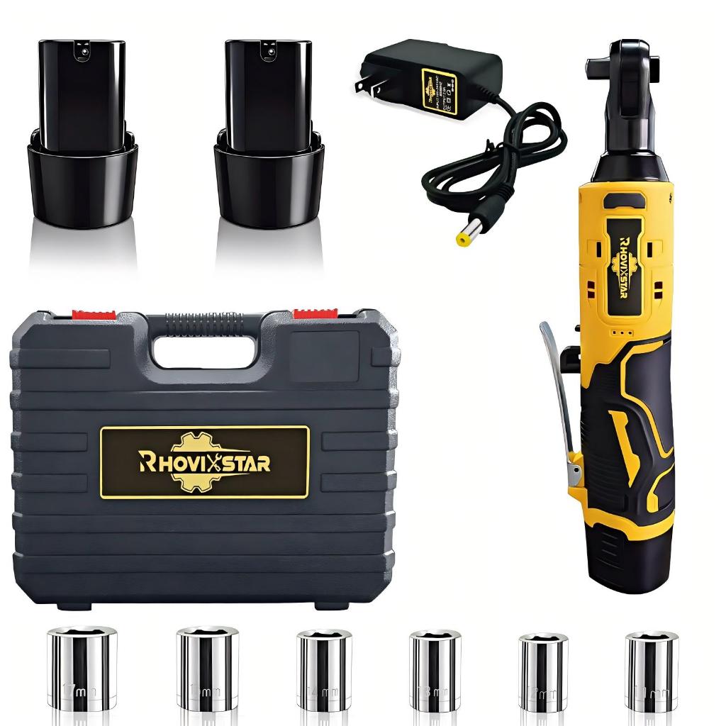 Chave de catraca elétrica sem fio 12V com bateria 2×2,0 Ah, inclui 6 soquetes, kit portátil de chave elétrica