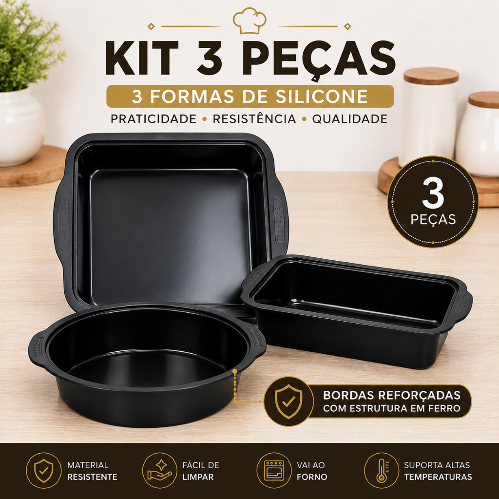 Kit Formas Assadeiras Silicone Air Fryer e Forno 3 Peças Antiaderente Bordas Reforçadas com Ferro