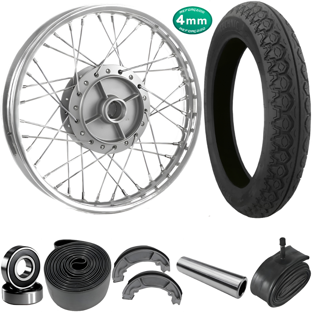 Roda Traseira Completa Biz 100 Biz 125 Raio 4mm Alinhada Montada Com Camara de Ar E Pneu