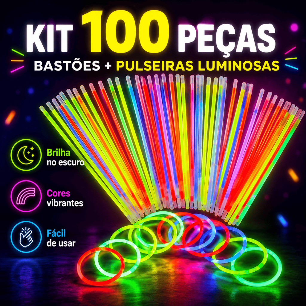 Kit 100 Pulseiras Neon Fluorescente Brilha no Escuro Festa Balada Evento Coloridas