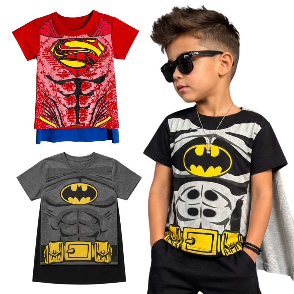 Camiseta Infantil Menino Super Herói Fantasia Infantil com Capa 100% Algodão Tamanho 2 ao 10 Anos | Roupa Infantil Menin