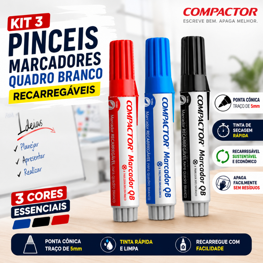Kit 3 Marcador Quadro Branco Compactor Recarregável Azul Preto Vermelho Ponta Cônica 5mm Original