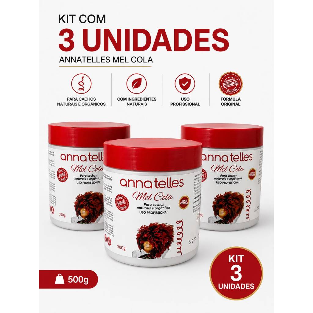 KIT 03 Anna Telles Mel Cola P/ Cachos Naturais E Orgânicos 500g