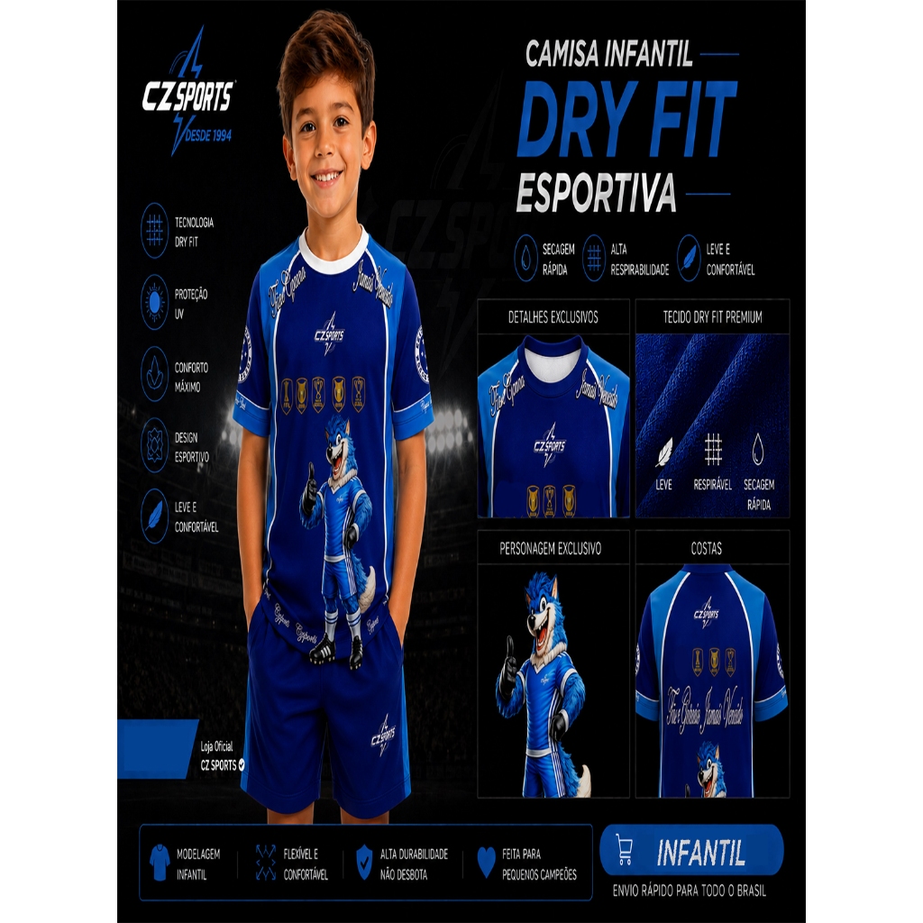 CAMISA INFANTIL RAPOSA AZUL FUTEBOL DRY FIT TIME CAMISETA MENINO MENINA RAPOSAO BLUSA CRIANCA TIMES