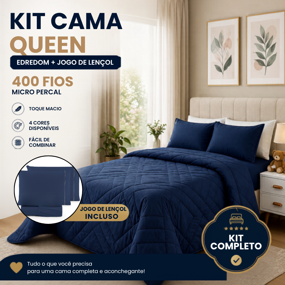 Kit Cama Queen Completo Edredom + Jogo de Lençol 400 Fios Micro Percal Toque Macio