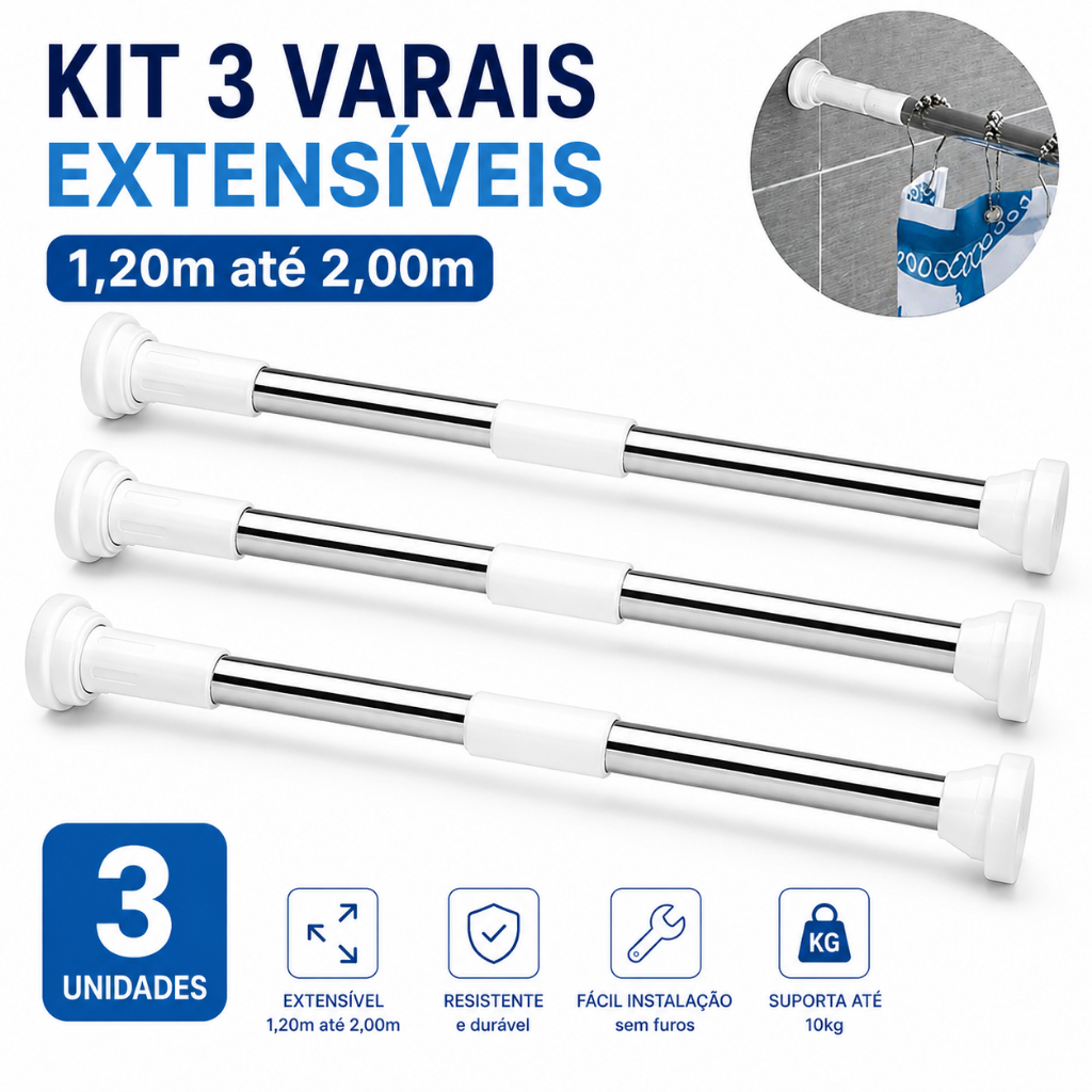 Kit 3 Varao Extensíveis Ajustáveis 1,20m a 2,00m Sem Furos Aço Inox Multiuso Banheiro Cozinha Lavanderia