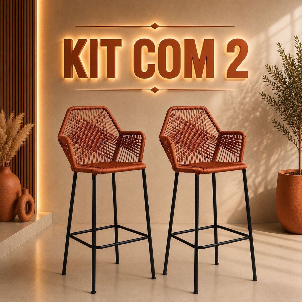 Banqueta Alta Kit com 2 Unidades em Corda Náutica e Estrutura Preta