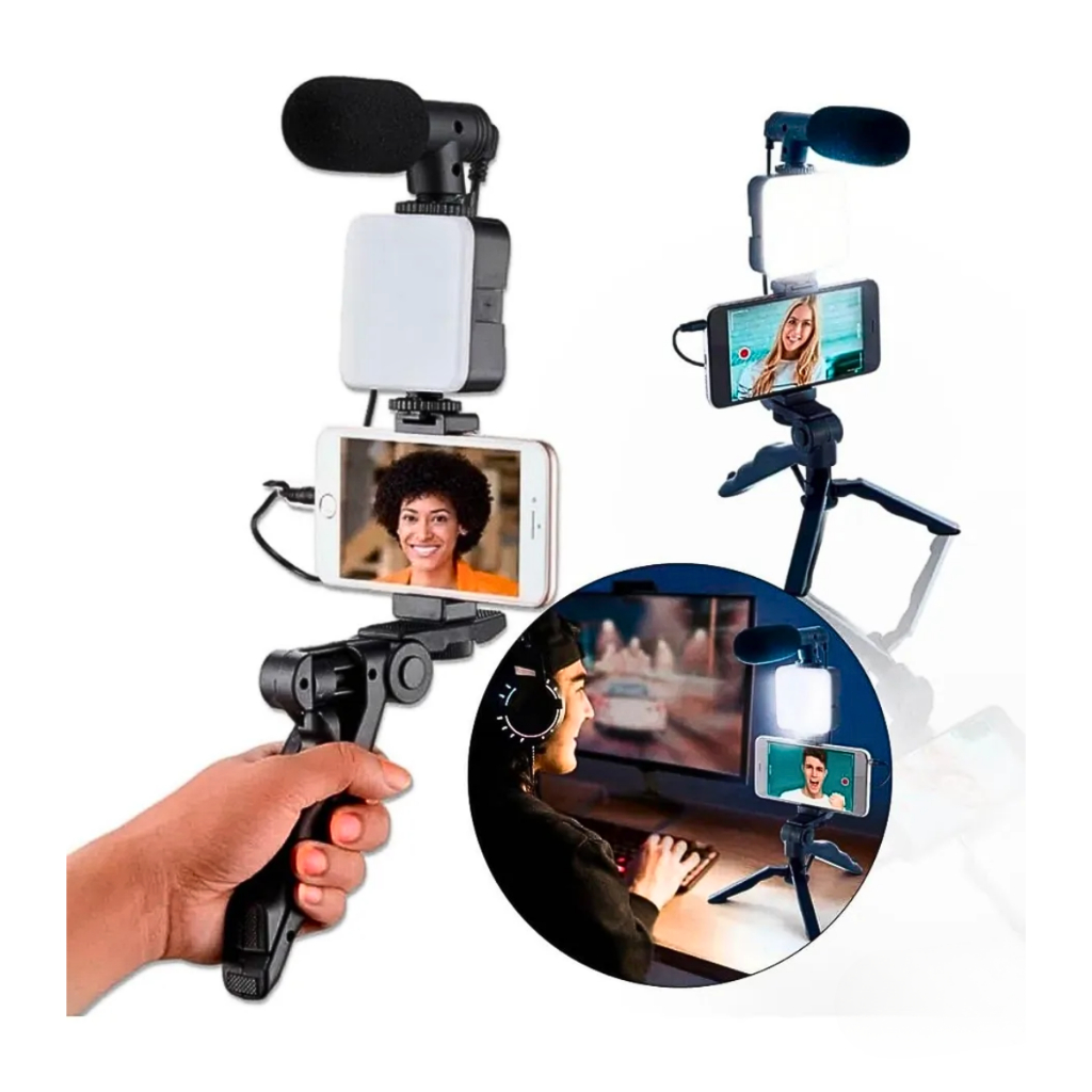 Suporte para Celular com Tripé Luz LED para Streaming Podcast Self com Microfone T&Z TZ-KD-49/20