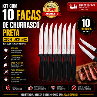 10 Unidades de Facas de Churrasco Preta 20cm  Aço Inox com Cabo Plástico Excelente na Cozinha