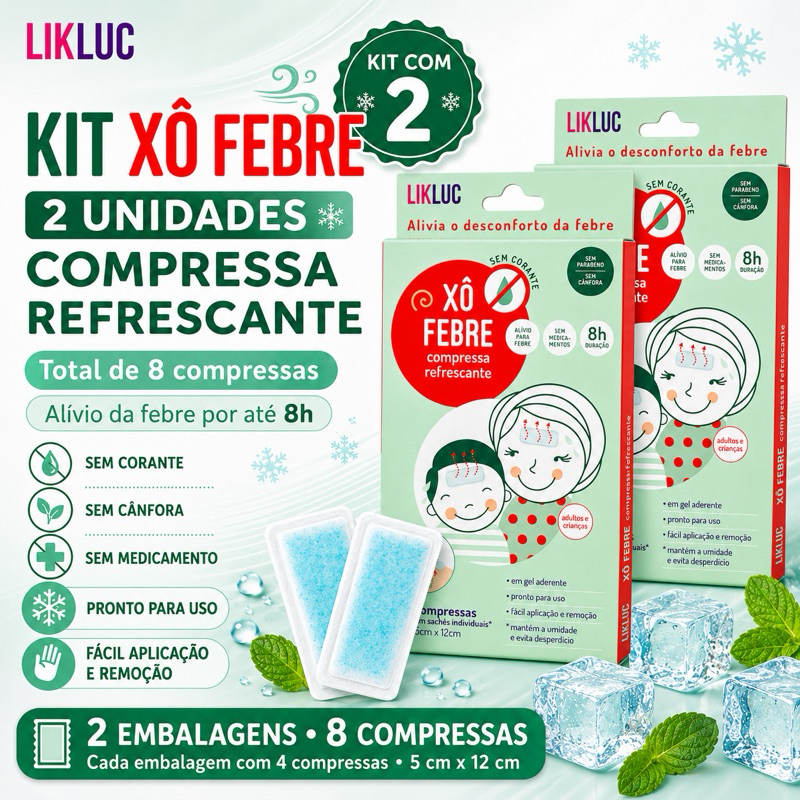 Kit 2 Compressa Refrescante Infantil Xô Febre Likluc Gel Alívio Febre Temperatura Natural e Seguro 8un