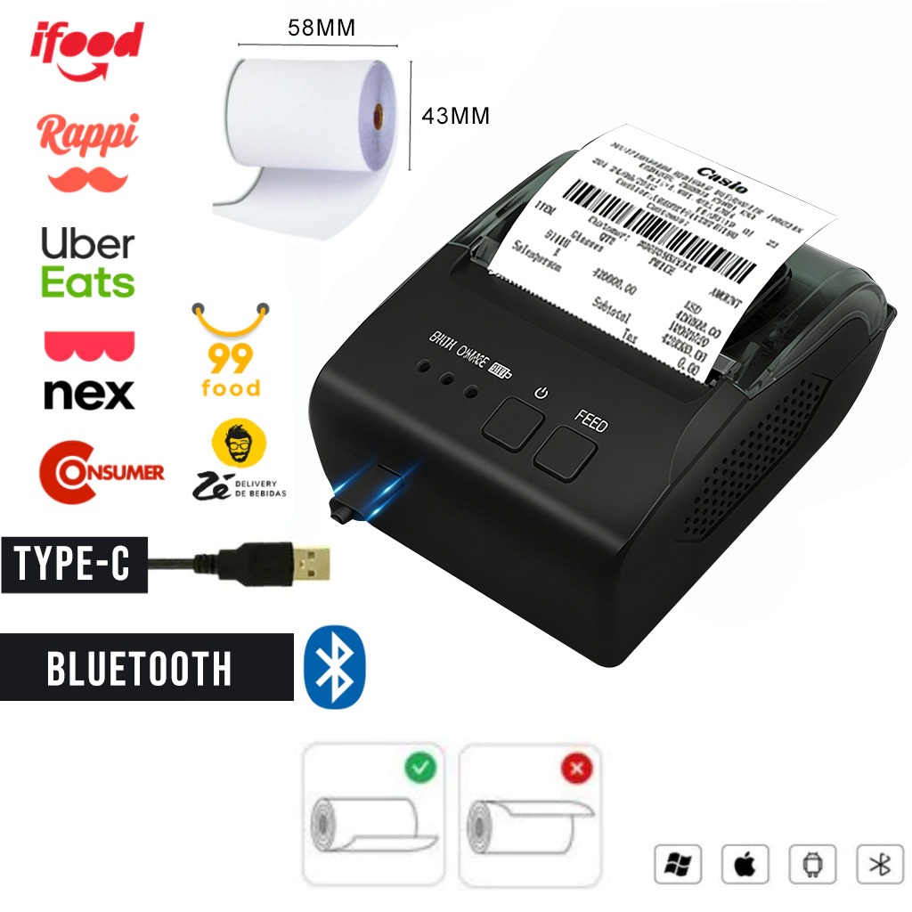 Impressora Térmica 58mm Cupom Não Fiscal Bivolt USB e Bluetooth para Caixa Loja Modelo 5810