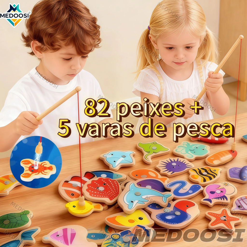 MEDOOSI 82/54  Peças Jogos infantil de Pescaria Magnético / Brinquedos Montessori Educacional de Madeira para Crianças