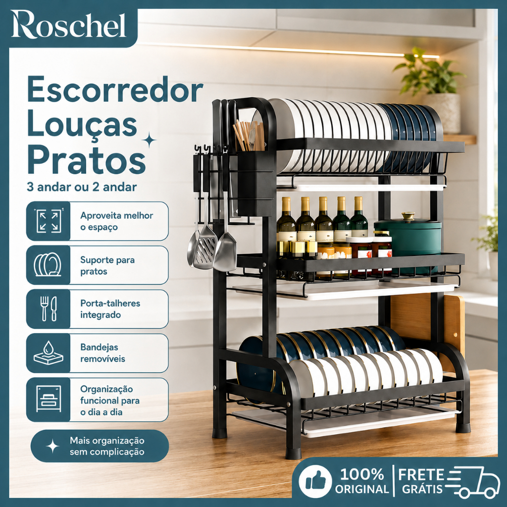 Escorredor Organizador de Louças 2 ou 3 andar Preto Aço Inox Rack Moderno Com Porta Talher e Bandeja