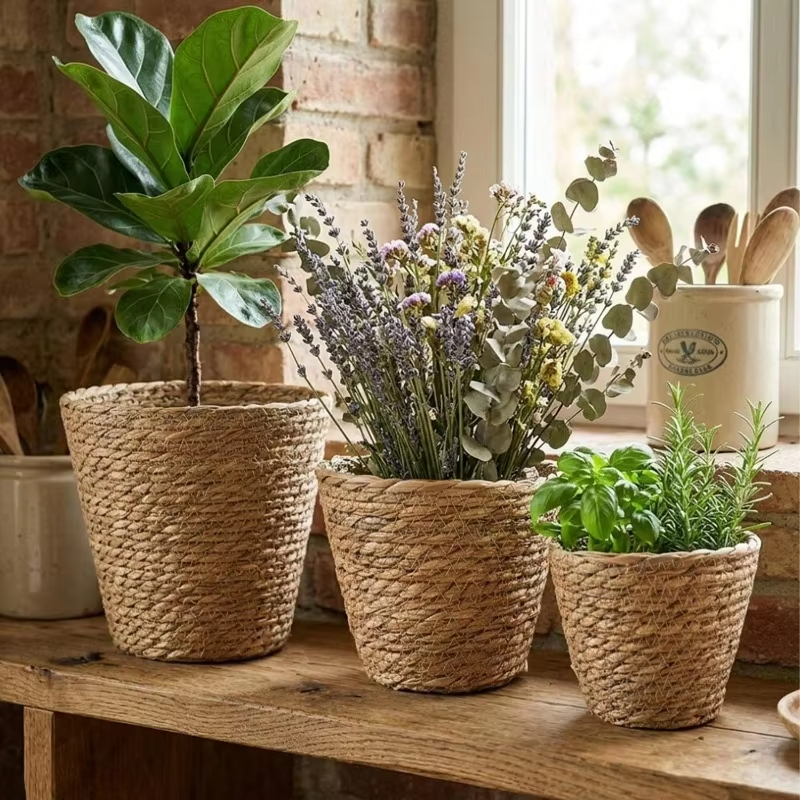 Kit 3 Vasos Palha Natural Trio Cachepot Fibra Natural Estilo Vime Decorativo Flores Plantas