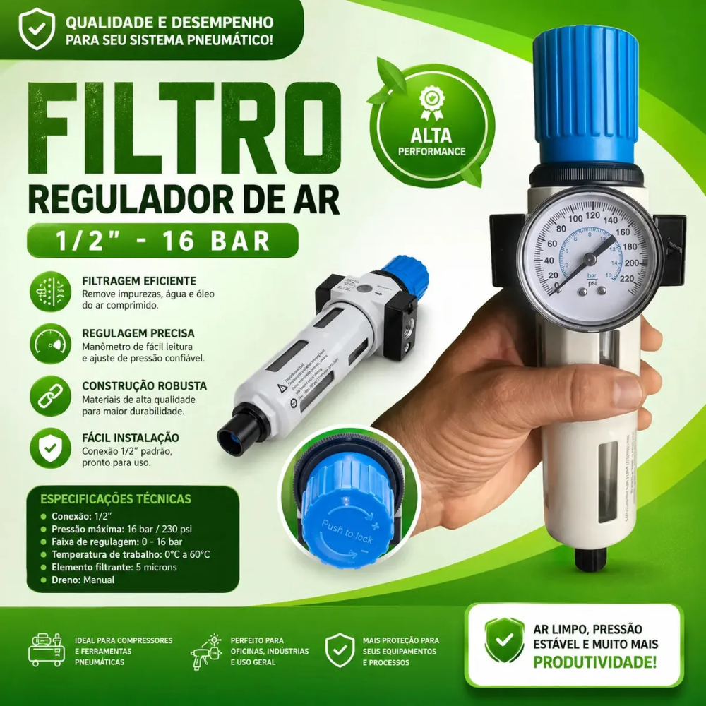 Filtro Regulador De Ar 1/2 Alta Vazão 16 Bar Alumínio Com Manômetro