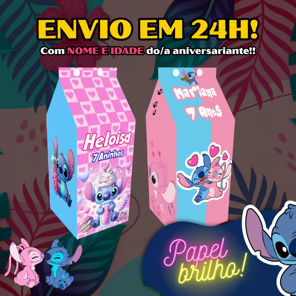 Caixinhas Stitch MILK LEITE Personalizado Com NOME e IDADE PAPEL BRILHANTE para Festa de Aniversário Lembrancinha