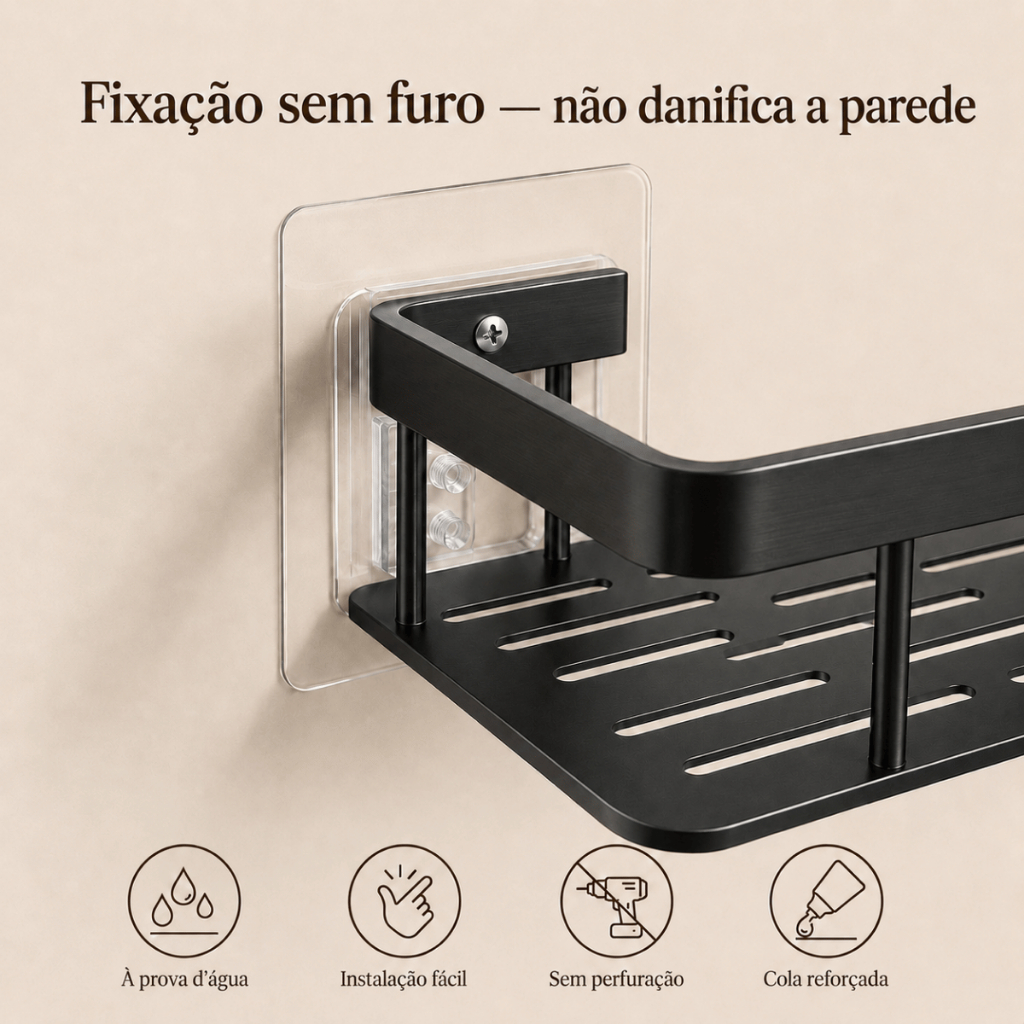 1/2/4 Prateleira Reta Alumínio Preta Suporte Organizador Porta Shampoo Banheiro Cozinha Sem Furo — imagem 2 de 2