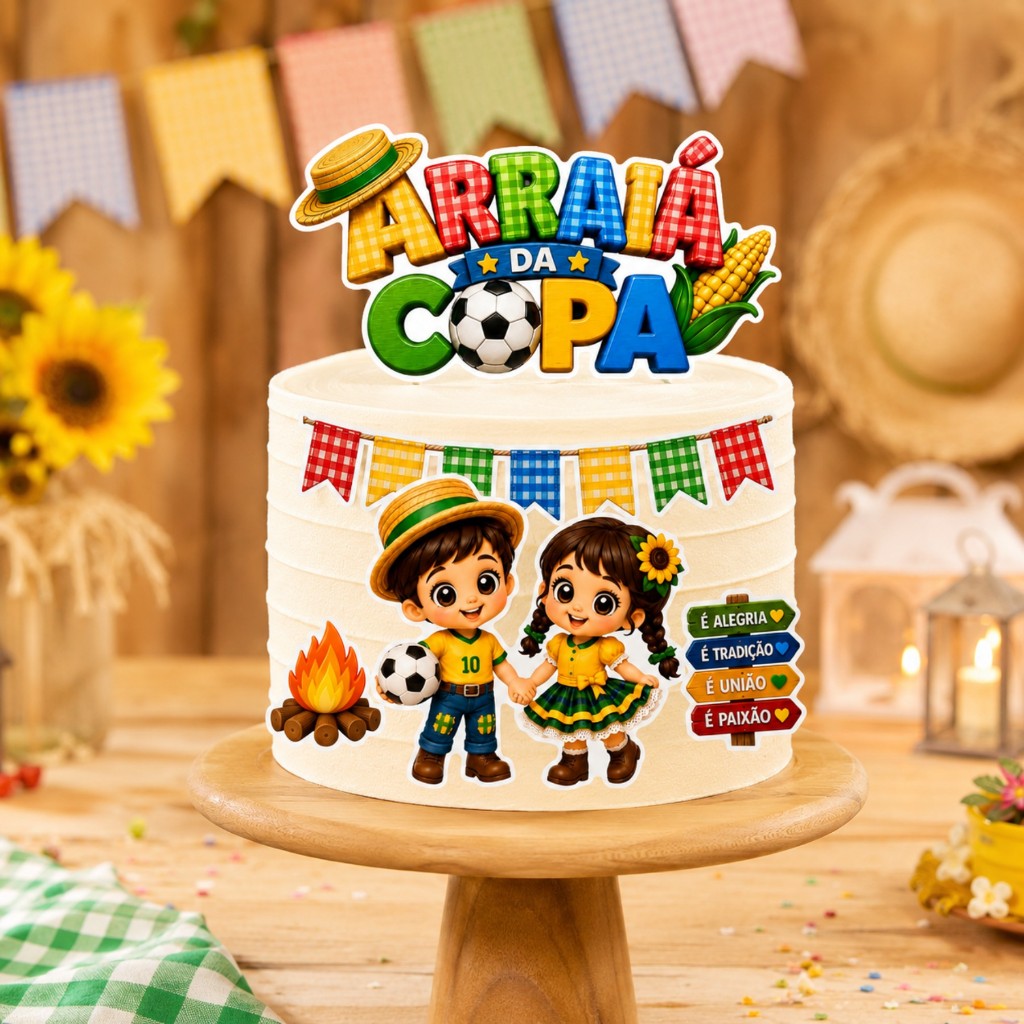 ENVIO RÁPIDO -Topo de Bolo Arraiá da Copa - Topper de Bolo Festa Junina - Topo de Bolo Personalizado
