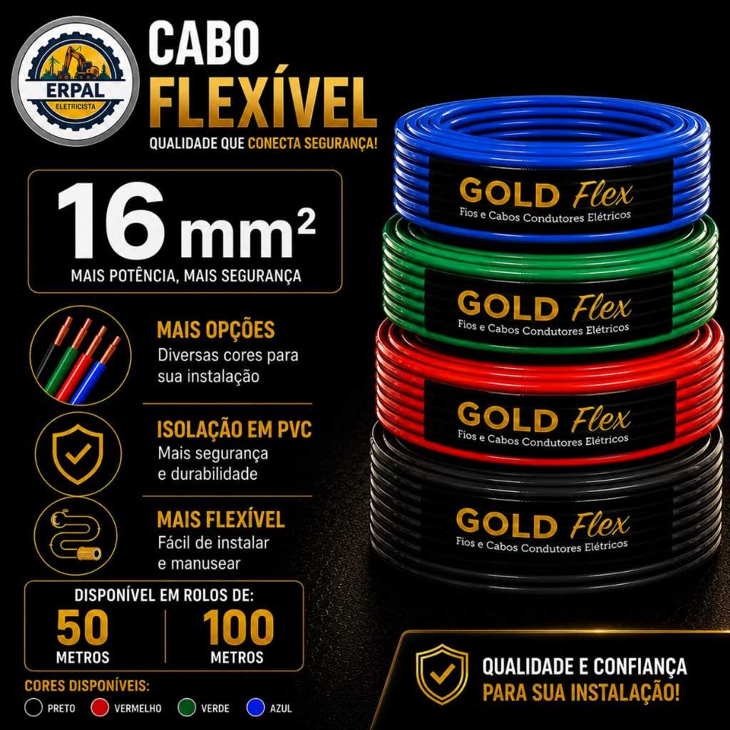 Cabo 16mm flexivel Fio 16mm Rolo 50/100 Metros 750v Antichamas Gold