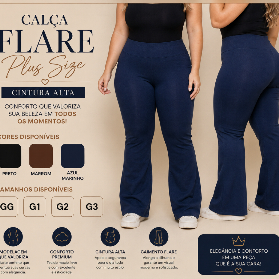 Calça Legging Flare Plus Size em Flanela com Pernas Boca de Sino, Calça Bailarina Grossa, Sem Transparência, Cintura Alt