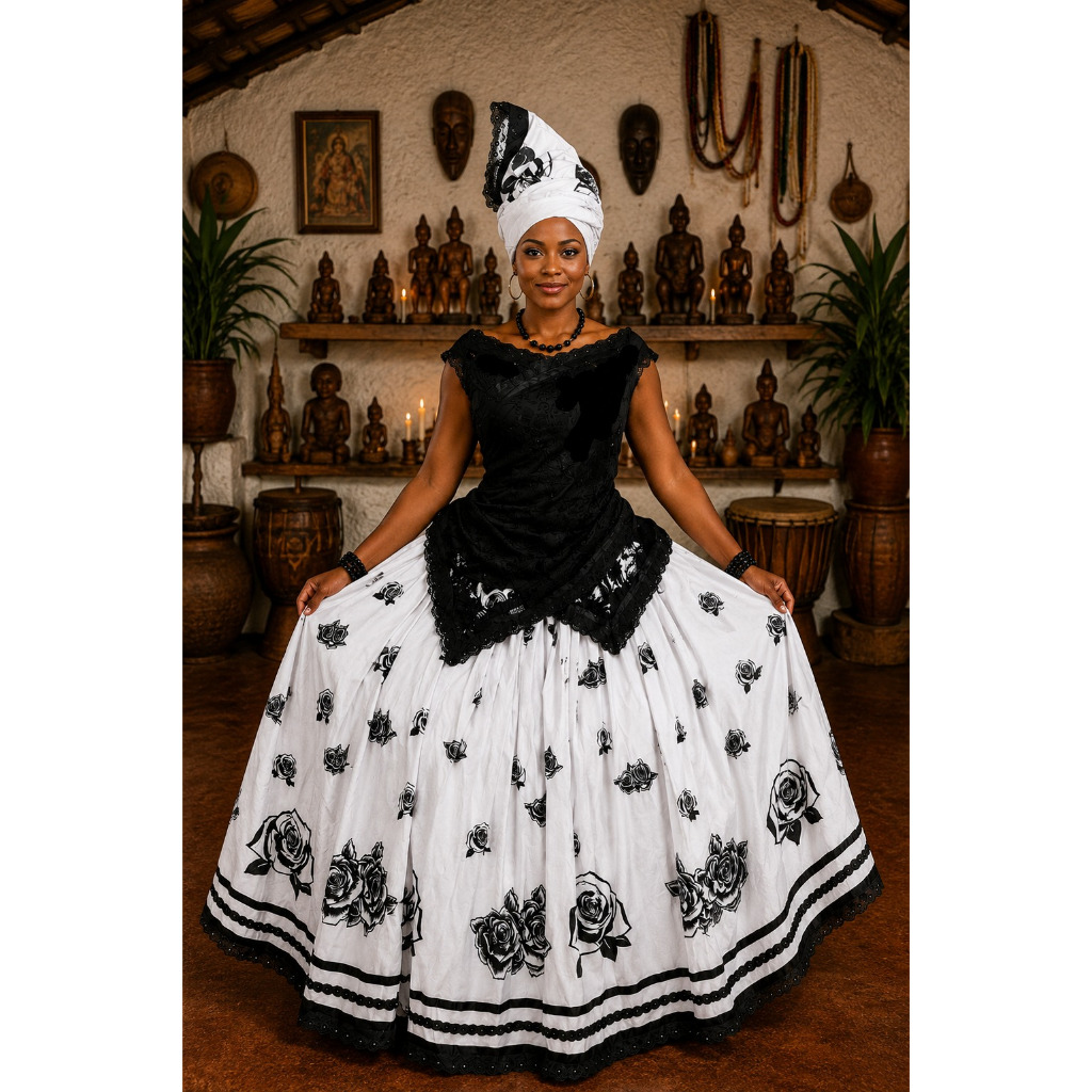 MARIA MULAMBO, ROSA VERMELHA, SETE SAIAS, ROUPA POMBOGIRA E CIGANA BRANCA COM FLORES EM PRETO