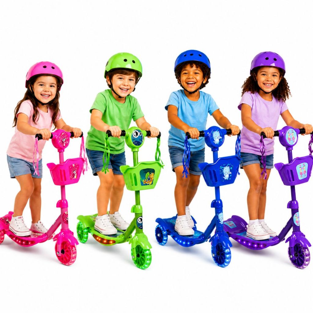 Patinete Infantil Brinquedo Criança 3 Rodas Com LED Música Cestinha Regulável