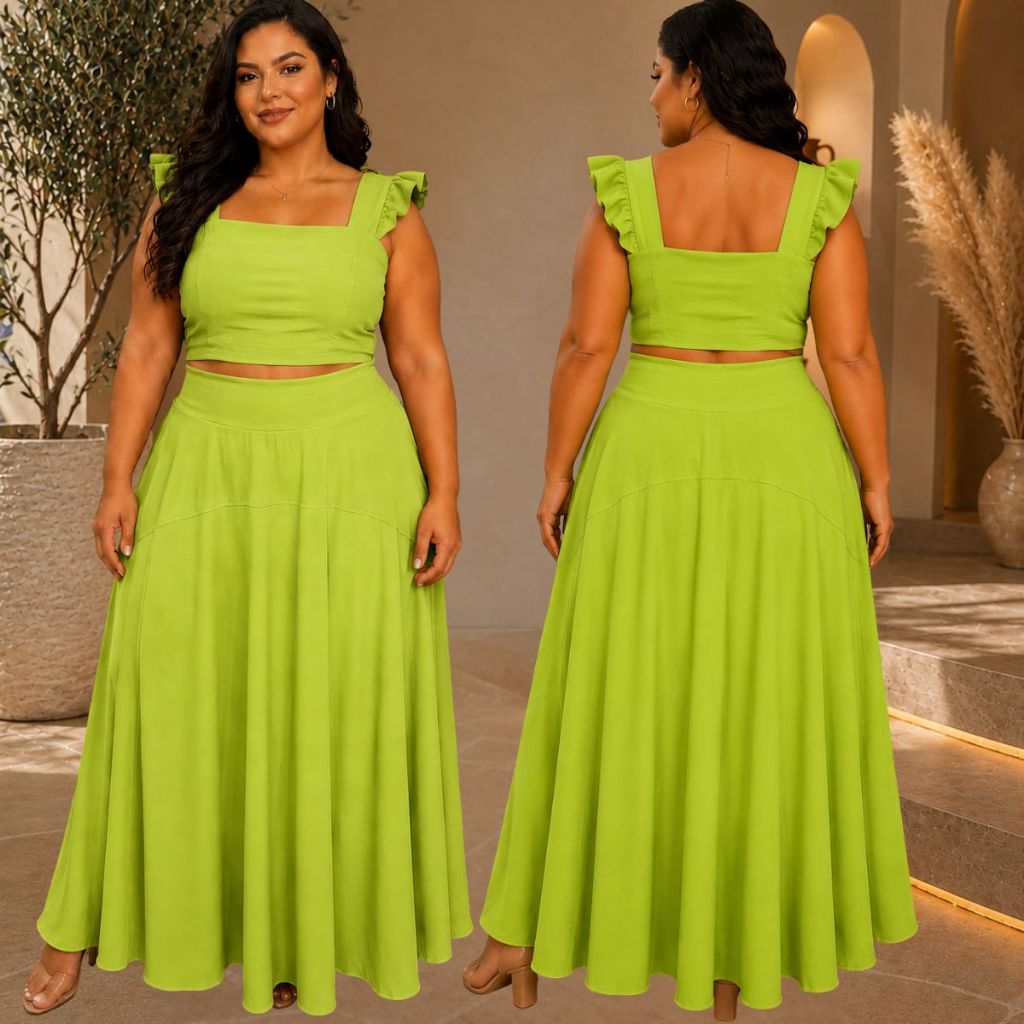 Conjunto Plus Size Cropped e Saia Longa Godê Moda Feminina Elegante Confortável VERSATIL CASUAL