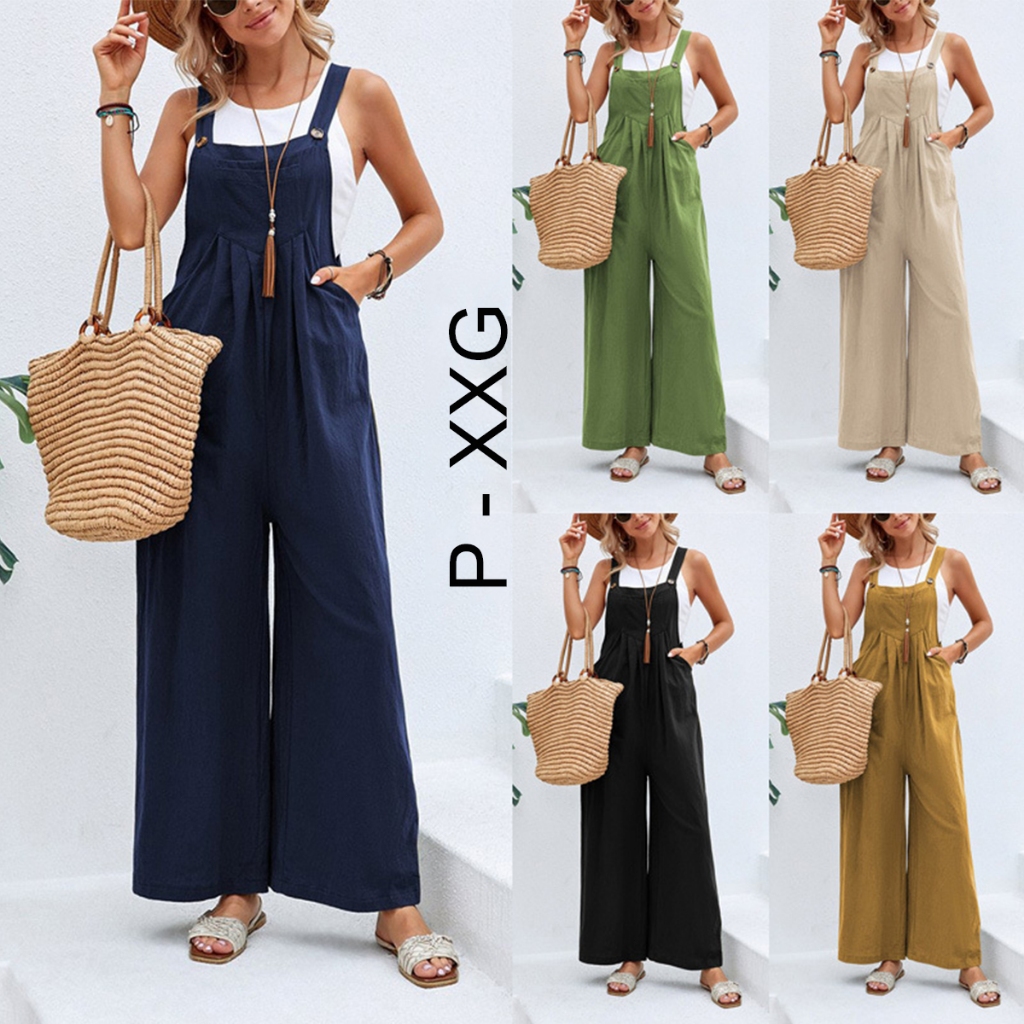 Macacão Feminino Verão Boho Perna Larga Casual Solto Com Bolsos, 2026
