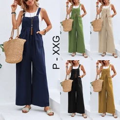 Macacão Feminino Verão Boho Perna Larga Casual Solto Com Bolsos, 2026