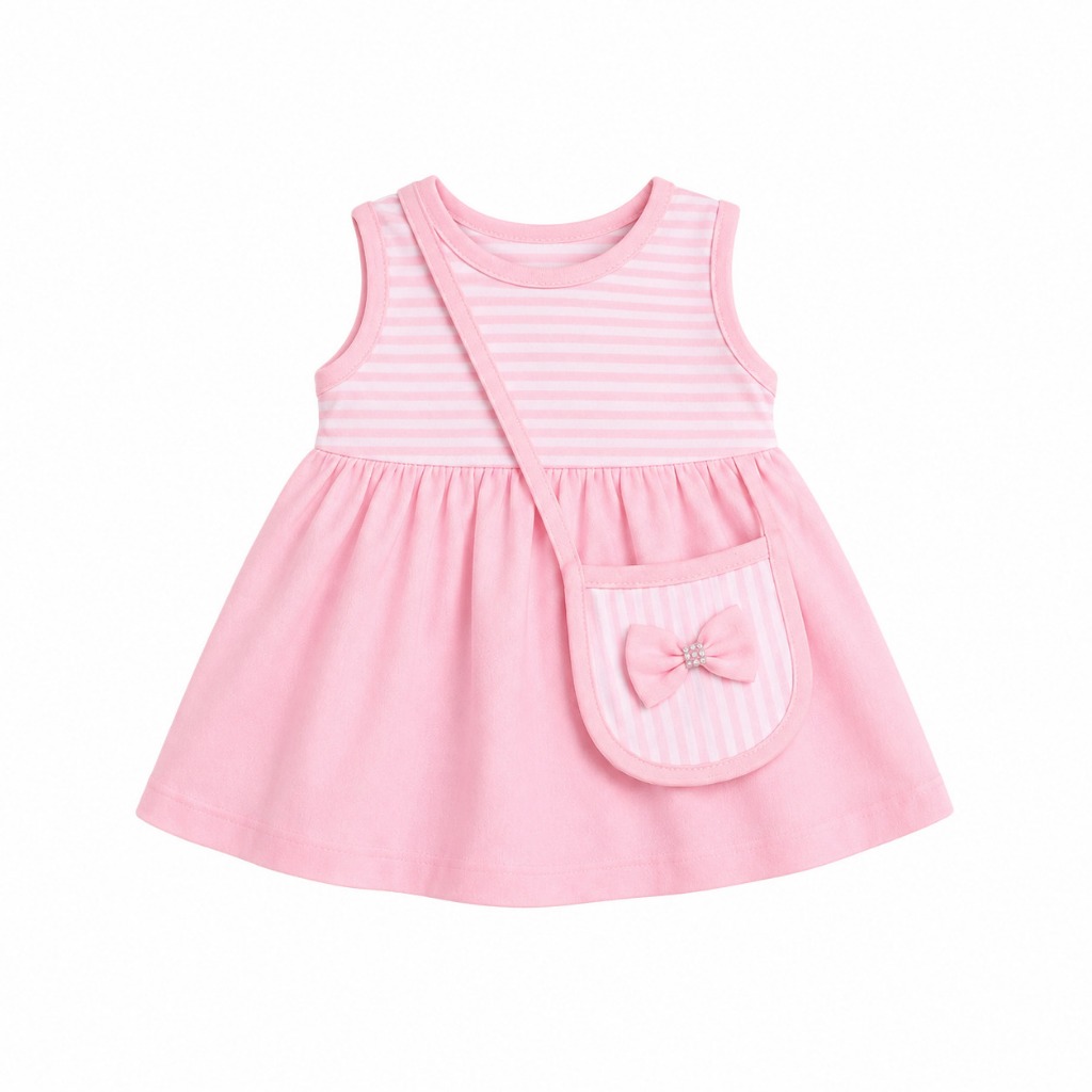 Vestido Bebê Menina Rosa com Bolsinha Laço Luxo Festa Aniversário Premium