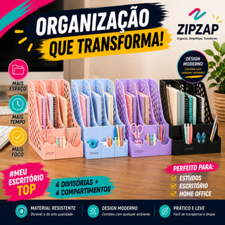 Organizador de Mesa - Porta-Papéis e Livros 3/4 Divisórias + Porta-Trecos