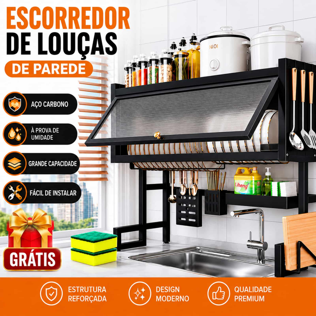 Escorredor de Louças Suspenso Sobre Pia 65/85/105 cm Antiferrugem Antipoeira Para 20 Pratos e Tigelas
