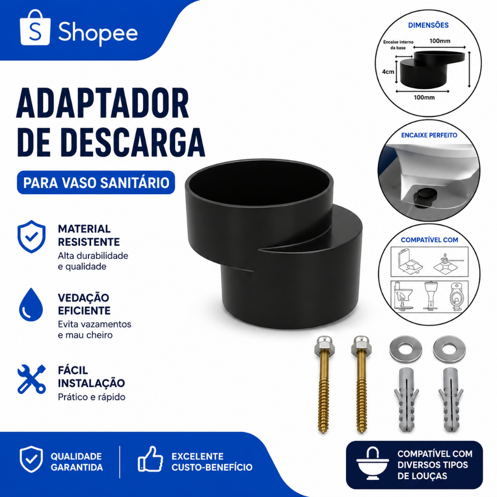 Bolsa Excêntrica Adapta Bacio Preto 100 mm Vaso c/ Caixa Acoplada + 2 Parafuso De Vaso B10