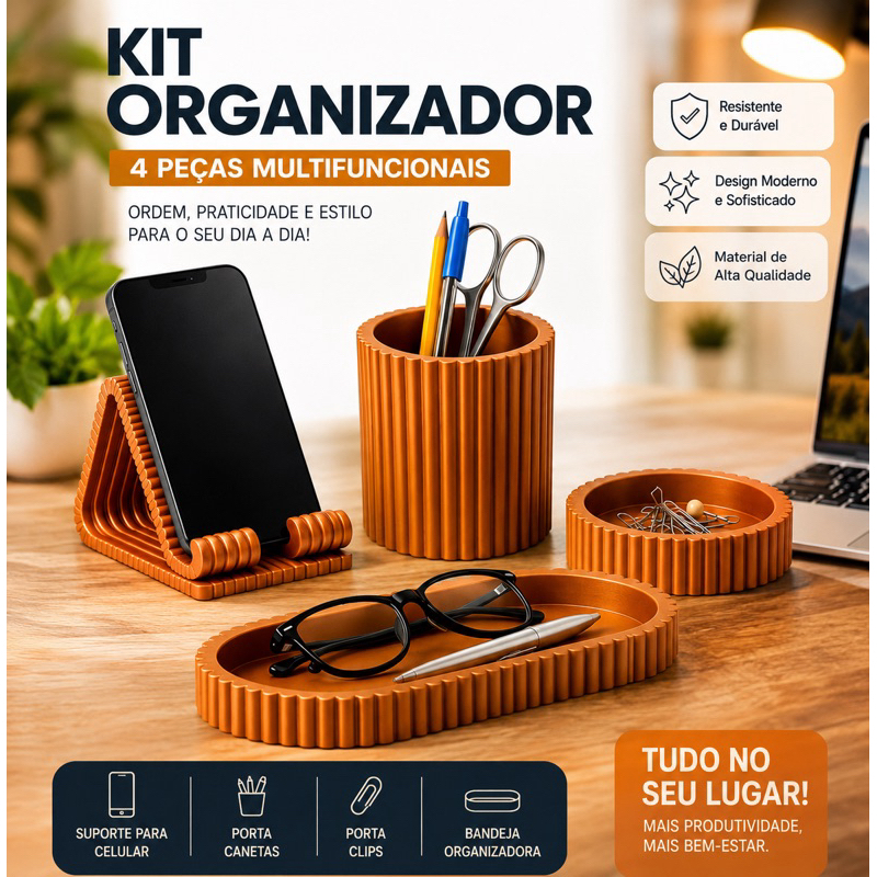 Porta Canetas e Lápis Organizador de Escritório Mesa 4 Peças Clips Suporte Celular Bandeja Escritório
