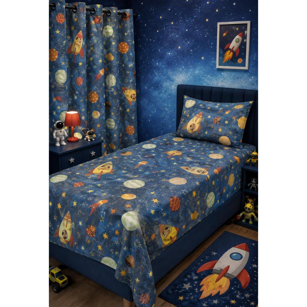 KIT QUARTO INFANTIL LENÇOL+FRONHA+CORTINA 2 PARTES TEMAS ESTAMPADOS POLIESTER ALGODÃO