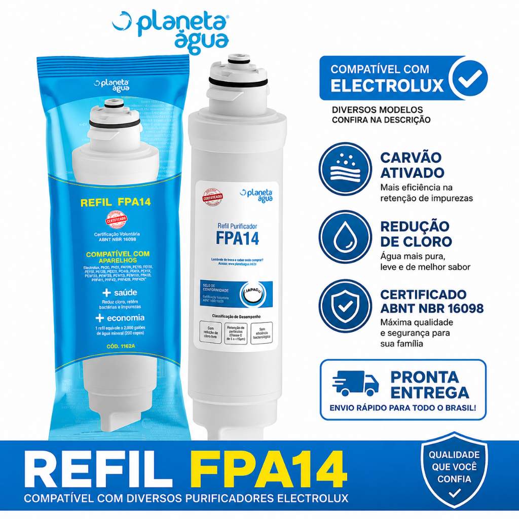 Refil FPA14 Planeta Água Compatível com Purificadores Electrolux Filtro Carvão Ativado Original