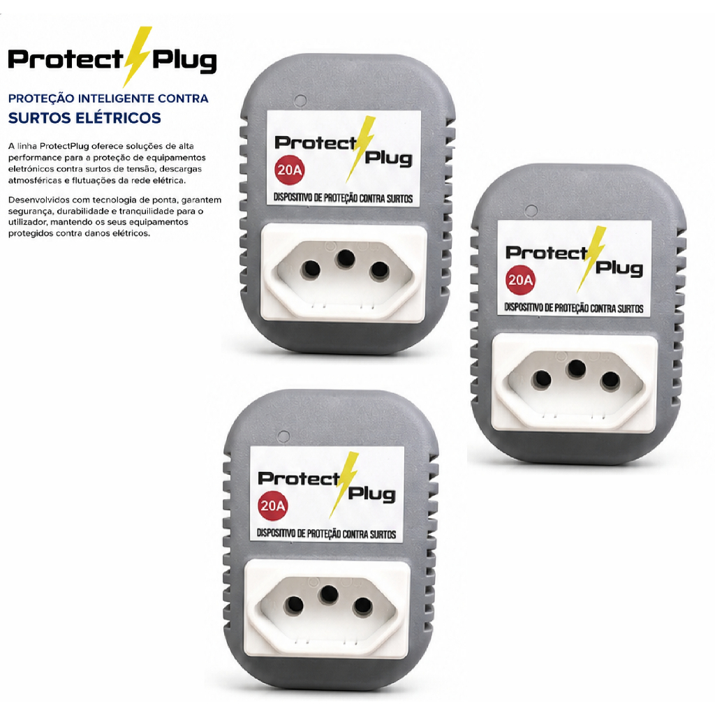 KIT 3 Protectplug Protetor Contra Surtos Elétricos Bivolt 10A e 20A para TV Computador Geladeira e Eletrodomésticos