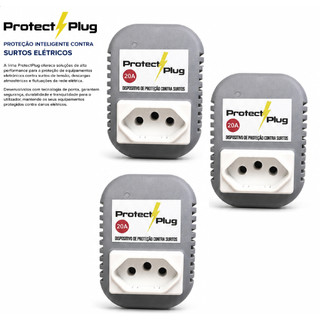 KIT 3 Protectplug Protetor Contra Surtos Elétricos Bivolt 10A e 20A para TV Computador Geladeira e Eletrodomésticos