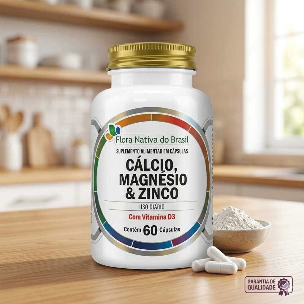 Suplemento Calcio Magnesio e Zinco Com Vitamina D3 Flora Nativa do Brasil 60 Capsulas Uso Diario