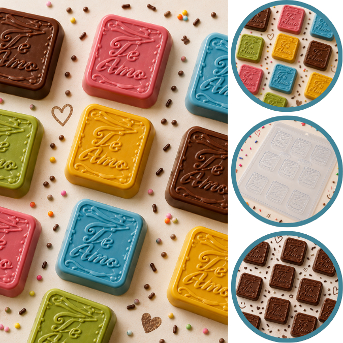 Forma Simples Tablete TE AMO, TE QUERO - 236 (D9) em Acetato BWB Para Bombom e Doces. (CHOCO)