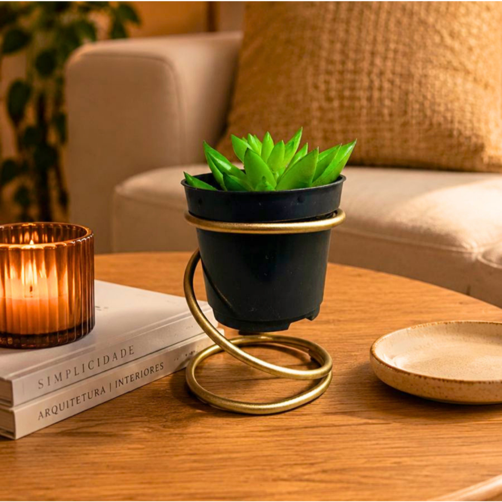 Suporte Espiral para Vaso em Ferro Preto Porta Suculenta Cacto Decoração Jardim e Mesa