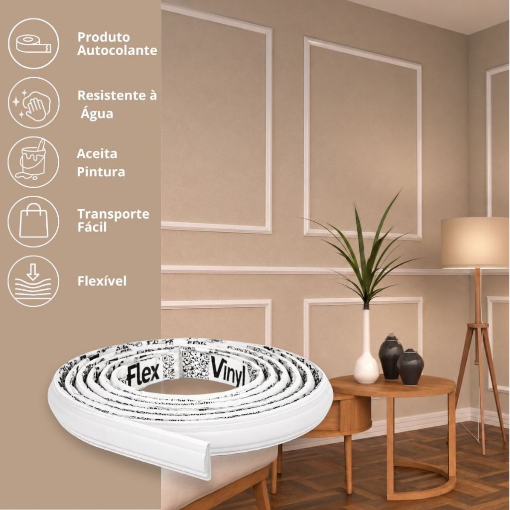 Boiserie Eva Autocolante Flexível Moldura Branco 2,5cm Roda Meio Parede Decorati